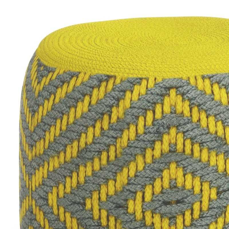 Simpli Home Kent Boho Round Woven Pouf in Gray and Yellow Recycled PET Polyester
