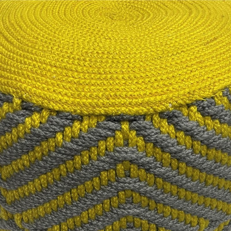 Simpli Home Kent Boho Round Woven Pouf in Gray and Yellow Recycled PET Polyester
