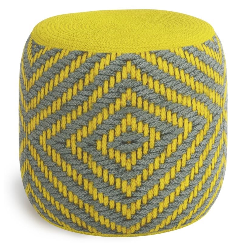 Simpli Home Kent Boho Round Woven Pouf in Gray and Yellow Recycled PET Polyester