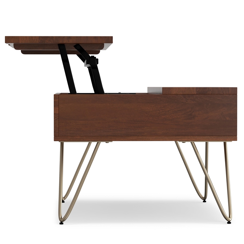 Simpli Home Hunter Solid Wood Lift Top Coffee Table in Umber Brown and Gold