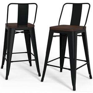 Simpli Home Rayne 24&quot Industrial Metal Wood Counter Stool in Black (Set of 2)