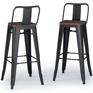 simpli home rayne industrial metal wood seat bar stool in black (set of 2)