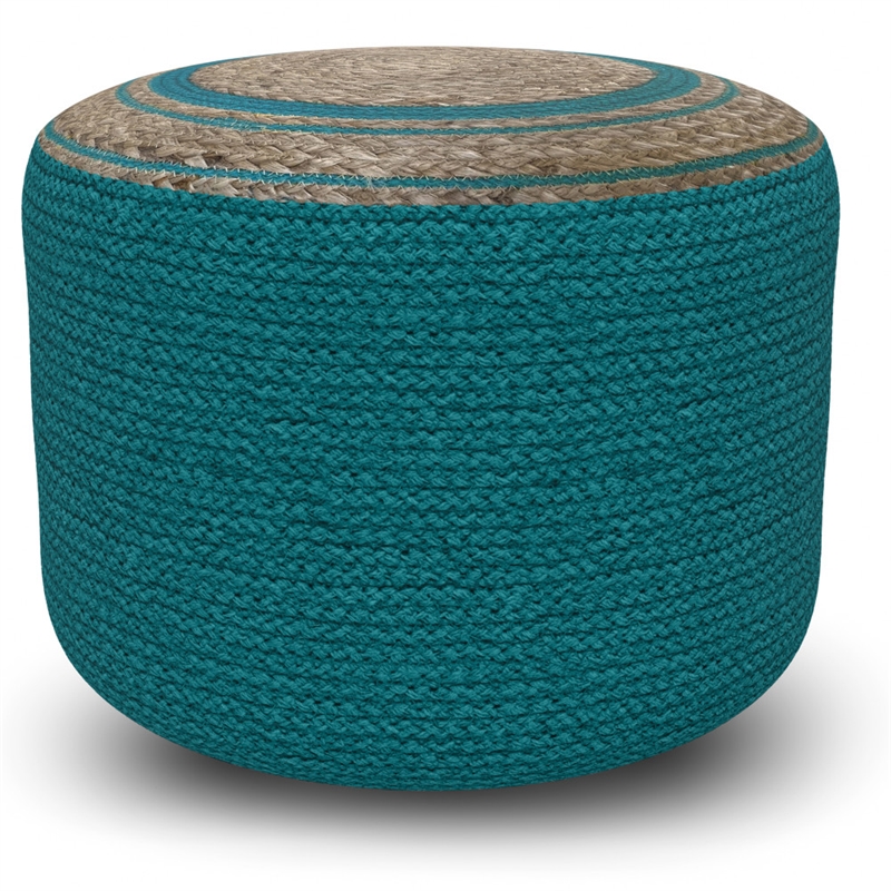 Serena Contemporary Round Braided Pouf in Deep Aqua Blue Cotton