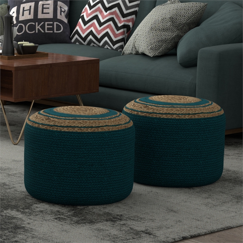 Serena Contemporary Round Braided Pouf in Deep Aqua Blue Cotton