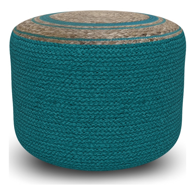 Serena Contemporary Round Braided Pouf in Deep Aqua Blue Cotton