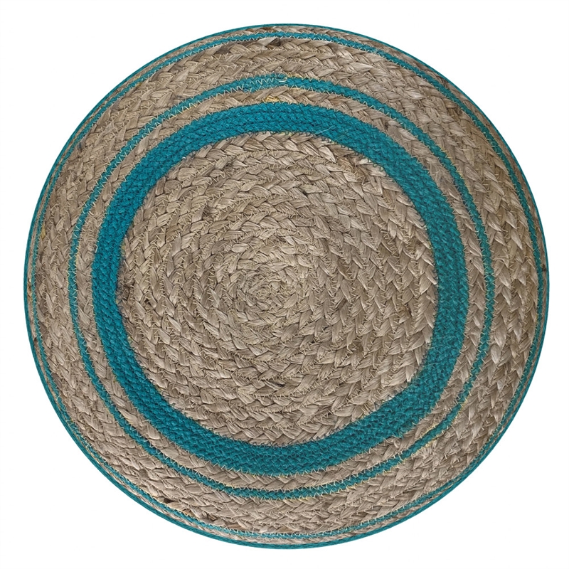 Serena Contemporary Round Braided Pouf in Deep Aqua Blue Cotton