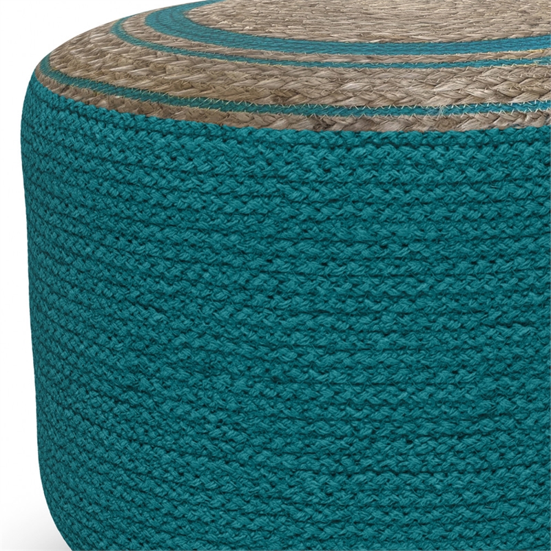 Serena Contemporary Round Braided Pouf in Deep Aqua Blue Cotton