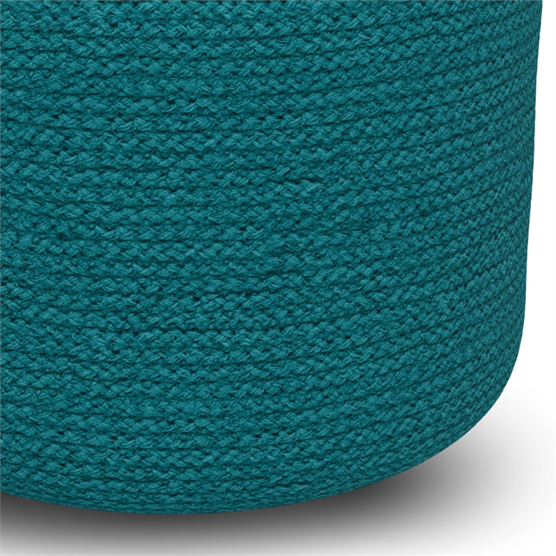 Serena Contemporary Round Braided Pouf in Deep Aqua Blue Cotton