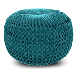 Renee Transitional Round Pouf in Turquoise Velvet Fabric