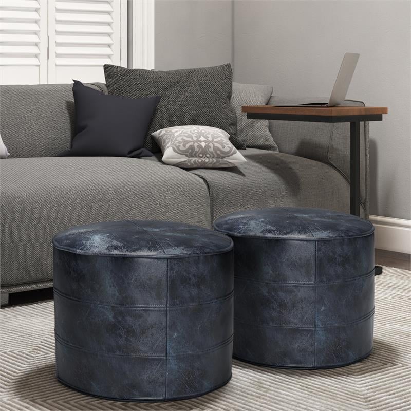 Connor Boho Round Pouf in Distressed Navy Blue Genuine Leather