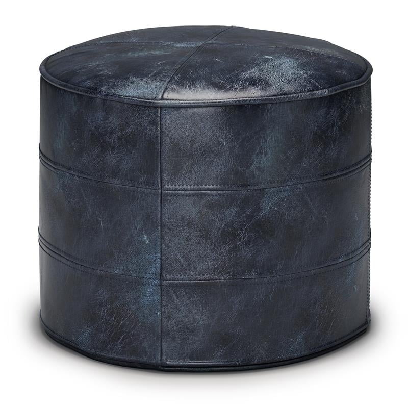 Connor Boho Round Pouf in Distressed Navy Blue Genuine Leather