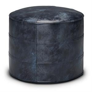 connor boho round pouf in distressed navy blue genuine leather