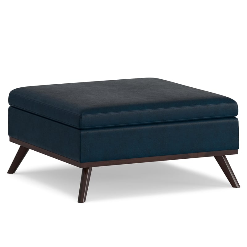 Owen 36 in.W Coffee Table Storage Ottoman in Distressed Dark Blue Faux Leather