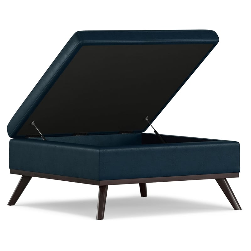 Owen 36 in.W Coffee Table Storage Ottoman in Distressed Dark Blue Faux Leather