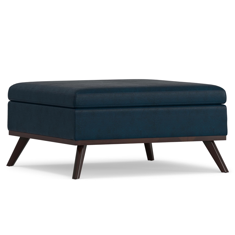 Owen 36 in.W Coffee Table Storage Ottoman in Distressed Dark Blue Faux Leather