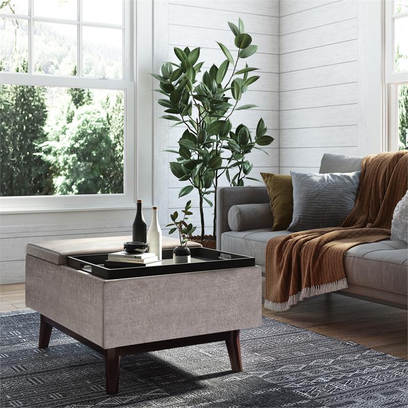 Owen 34 in.W Tray Top Table Storage Ottoman in Distressed Gray Faux Leather