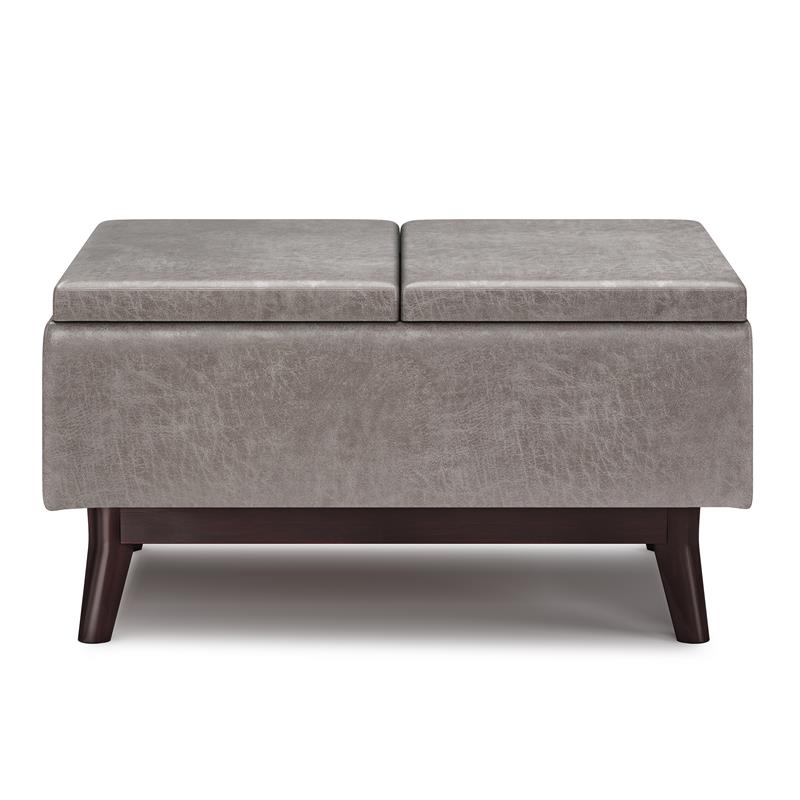 Owen 34 in.W Tray Top Table Storage Ottoman in Distressed Gray Faux Leather