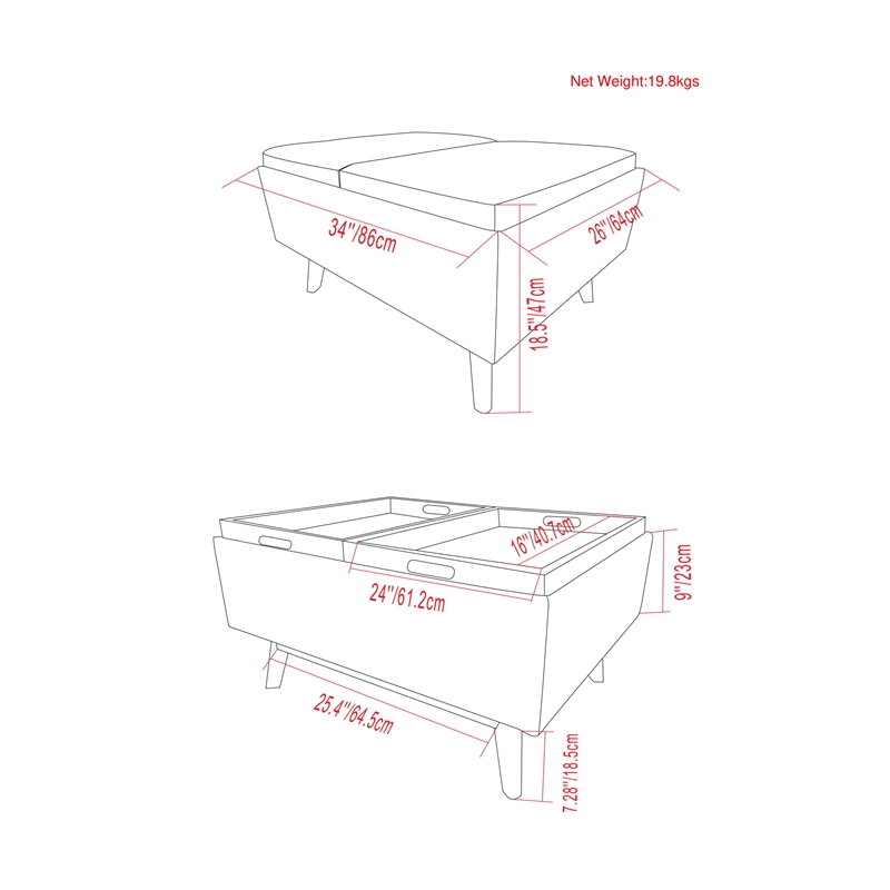 Owen 34 in.W Tray Top Table Storage Ottoman in Distressed Gray Faux Leather