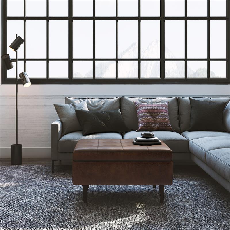 Shay 34 in.W Coffee Table Storage in Distressed Chestnut Brown Faux Leather