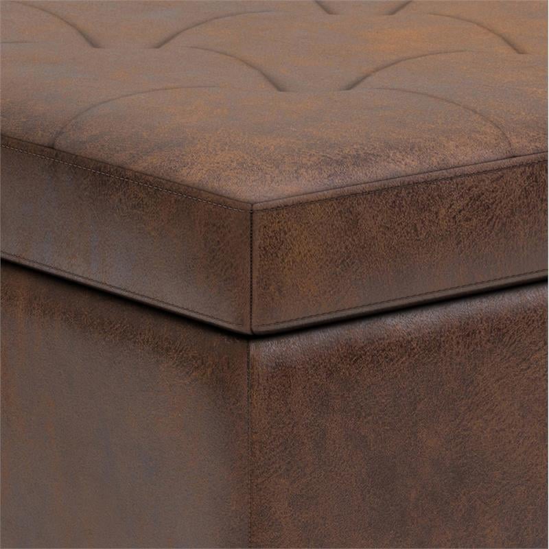 Shay 34 in.W Coffee Table Storage in Distressed Chestnut Brown Faux Leather