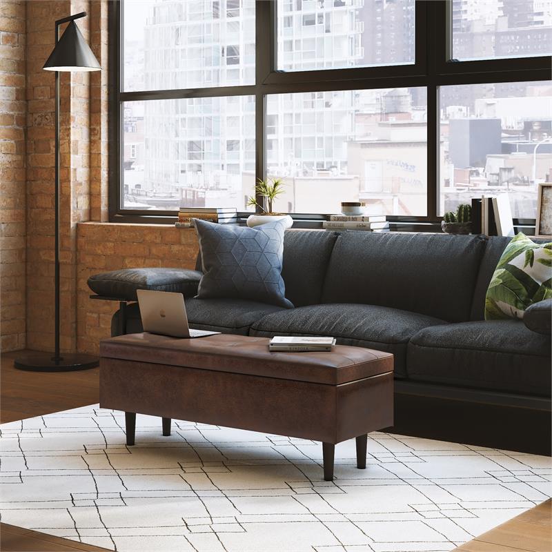 Shay 48 in.W Modern Storage Ottoman in Distressed Chestnut Brown Faux Leather