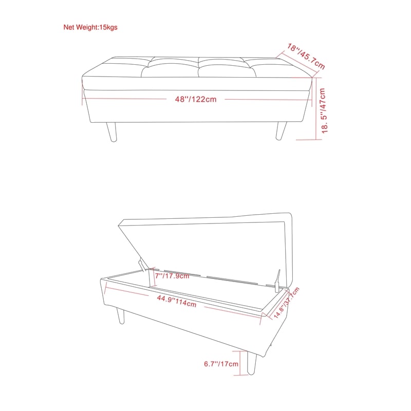 Shay 48 inch W.  Modern Storage Ottoman in Distressed Saddle Brown Faux Leather