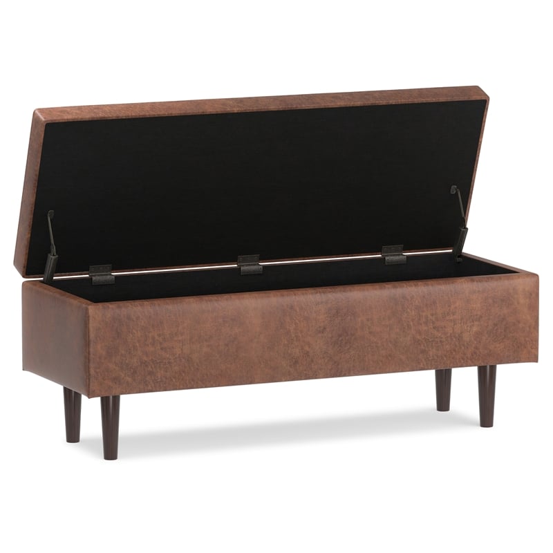 Shay 48 inch W.  Modern Storage Ottoman in Distressed Saddle Brown Faux Leather