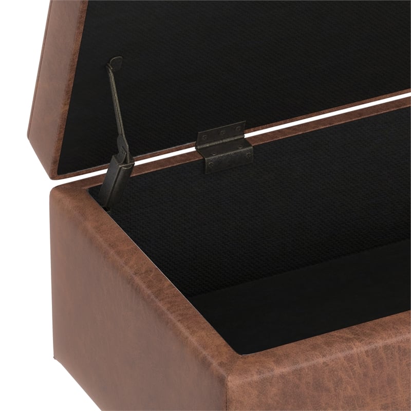 Shay 48 inch W.  Modern Storage Ottoman in Distressed Saddle Brown Faux Leather