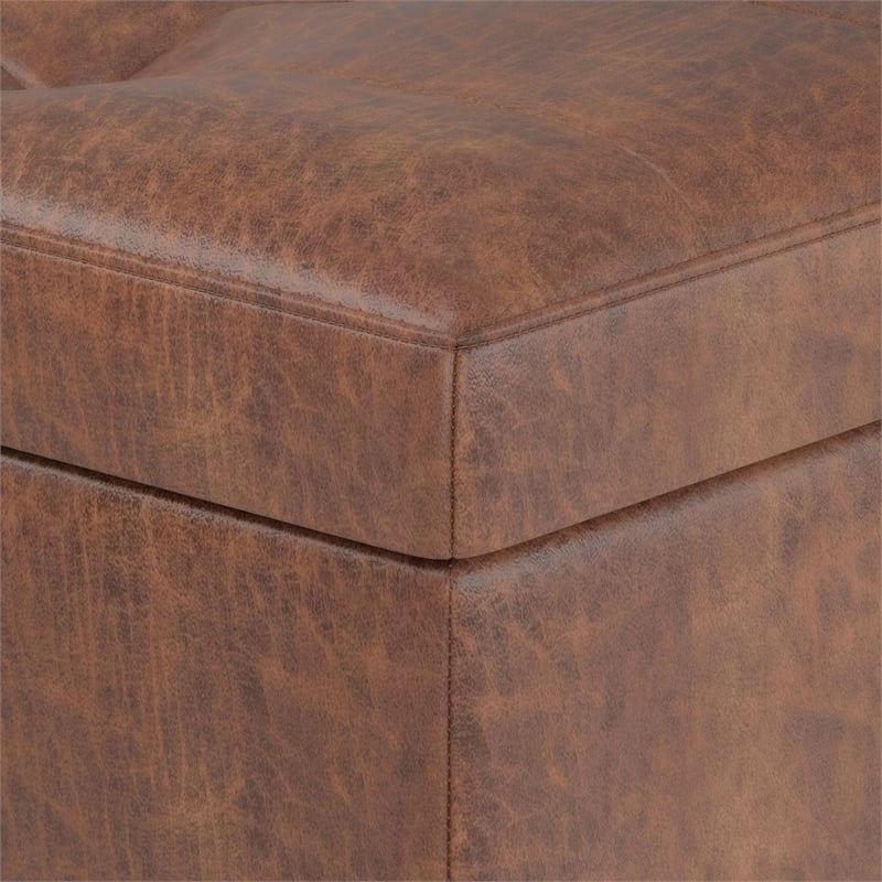 Shay 48 inch W.  Modern Storage Ottoman in Distressed Saddle Brown Faux Leather