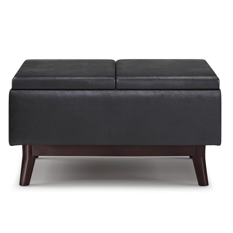 Owen 34 in. W Tray Top Coffee Table Ottoman in Distressed Black Faux Leather