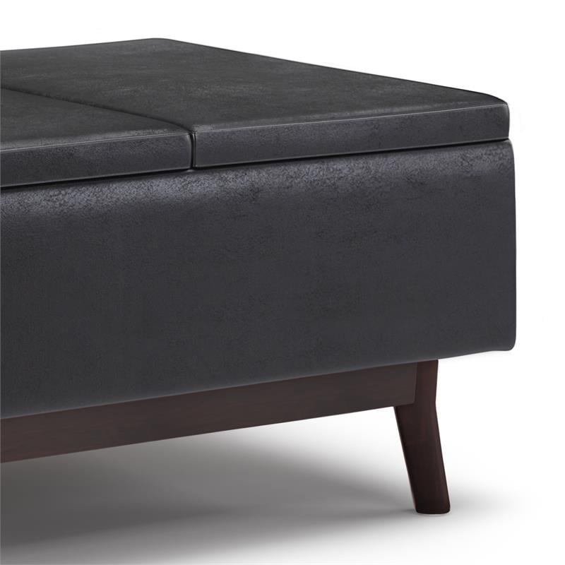 Owen 34 in. W Tray Top Coffee Table Ottoman in Distressed Black Faux Leather