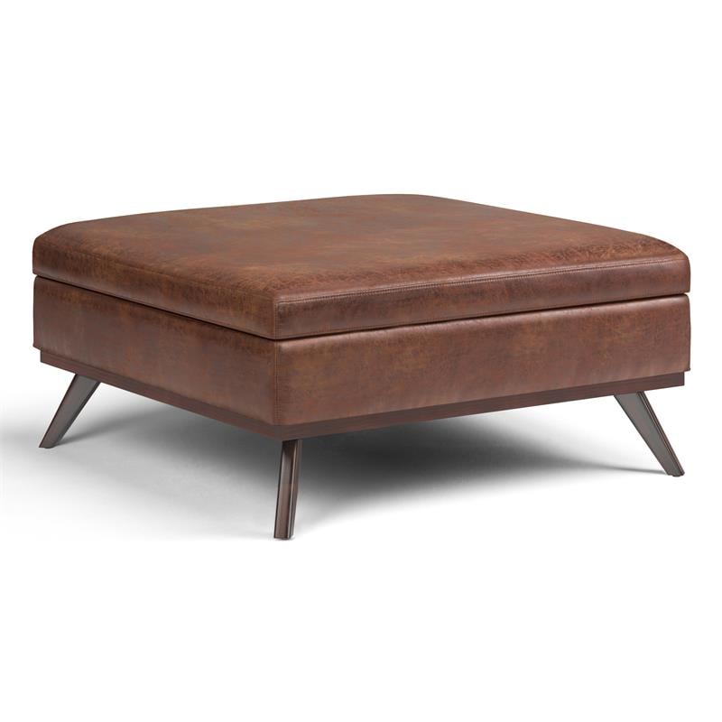 Owen 40 in.W Coffee Table StorageOttoman in Distressed Saddle Brown Faux Leather