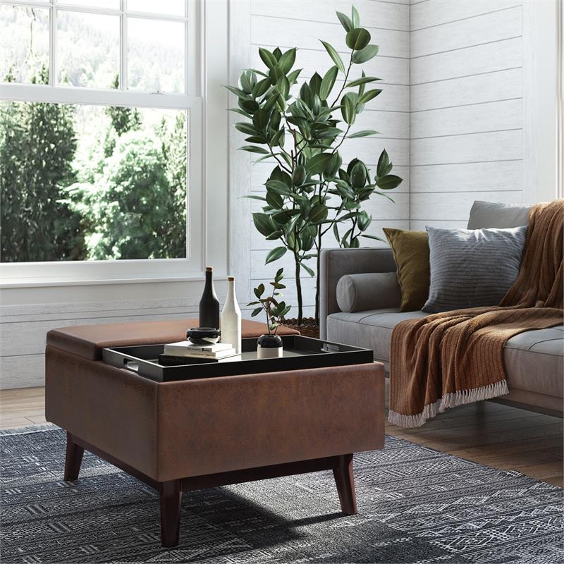 Owen 34 in.W Storage Coffee Table in Distressed Chestnut Brown Faux Leather