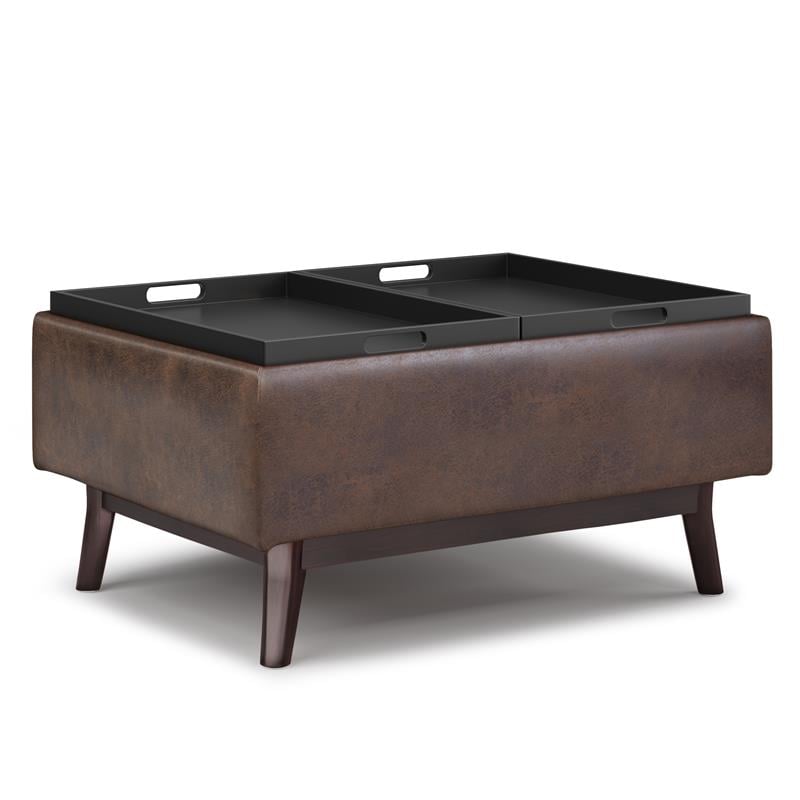 Owen 34 in.W Storage Coffee Table in Distressed Chestnut Brown Faux Leather