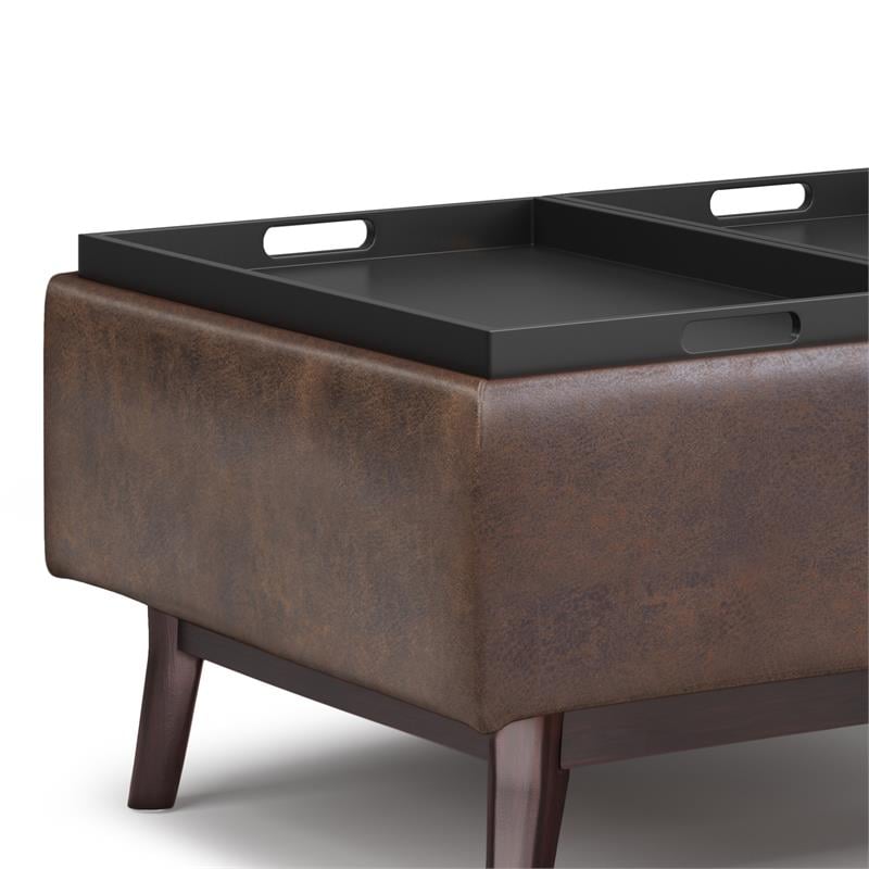 Owen 34 in.W Storage Coffee Table in Distressed Chestnut Brown Faux Leather