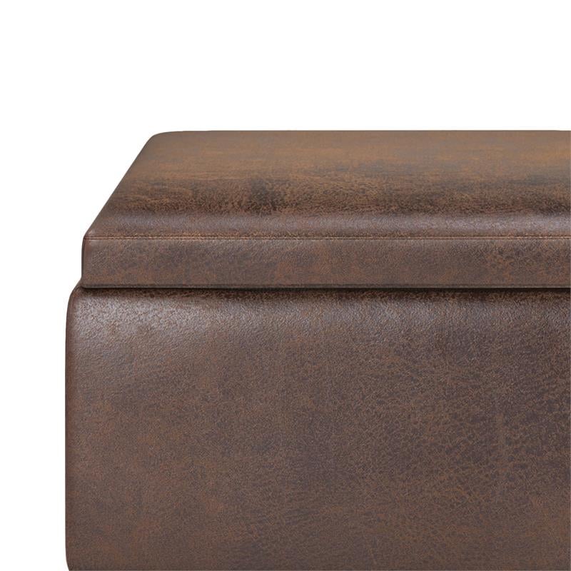 Owen 34 in.W Storage Coffee Table in Distressed Chestnut Brown Faux Leather