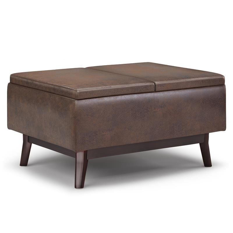Owen 34 in.W Storage Coffee Table in Distressed Chestnut Brown Faux Leather