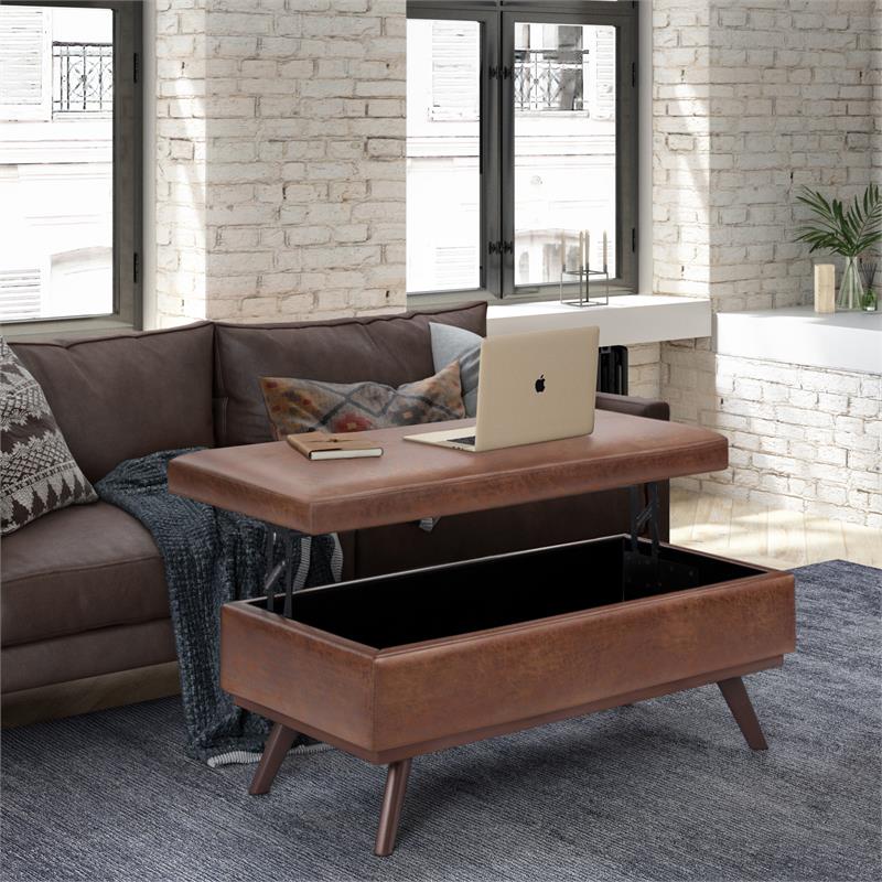 Owen 42 in.W Table Storage Ottoman in Distressed Saddle Brown Faux Leather
