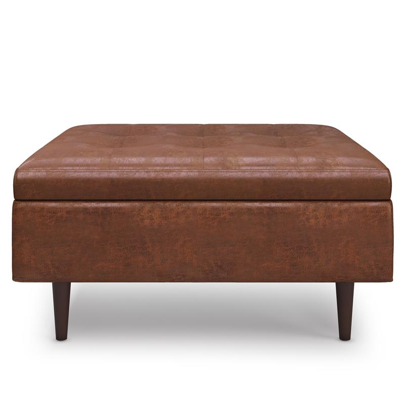 Shay 38 in.W Large Coffee Table Ottoman in Distressed Saddle Brown Faux Leather