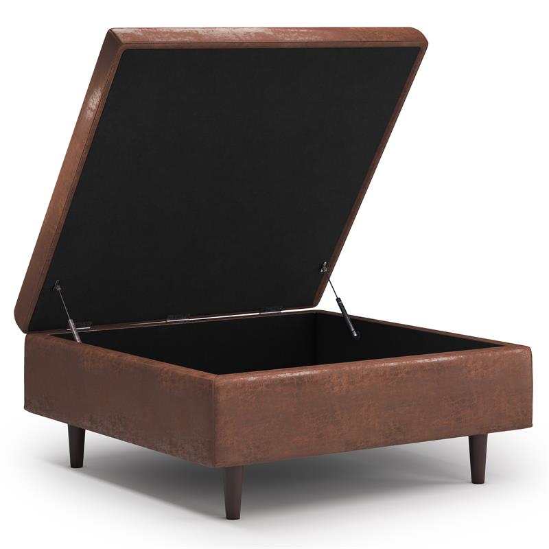 Shay 38 in.W Large Coffee Table Ottoman in Distressed Saddle Brown Faux Leather
