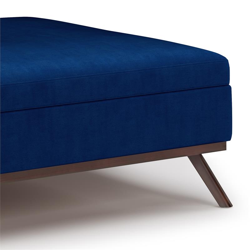 Simpli Home Owen Square Coffee Table Storage Ottoman in Blue Velvet Fabric