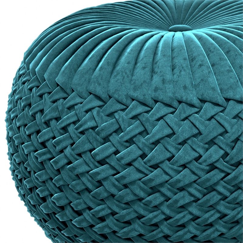 Grafton Transitional Round Pouf in Teal Green Velvet Fabric with Woven Details