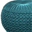 Grafton Transitional Round Pouf in Teal Green Velvet Fabric with Woven Details