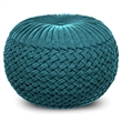 Grafton Transitional Round Pouf in Teal Green Velvet Fabric with Woven Details