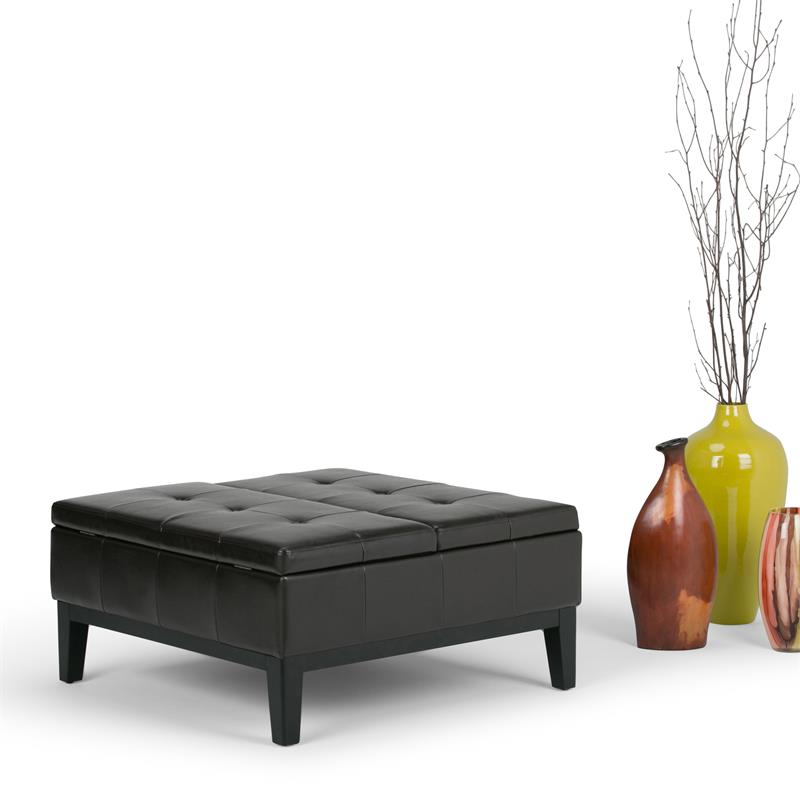 Dover 36 in.W Square Coffee Table Storage Ottoman in Tanners Brown Faux Leather