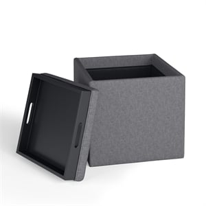 Rockwood 17&quot W Square Storage Ottoman with Tray in Slate Gray Linen Look Fabric