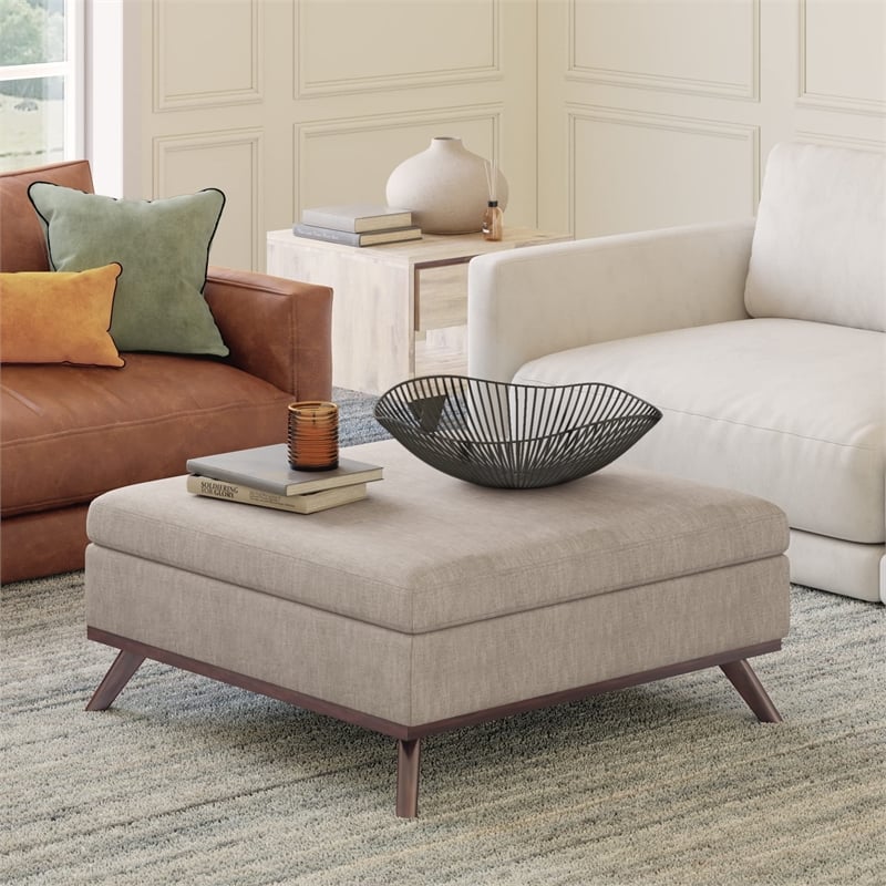 Owen 36 in. Wide Square Coffee Table Storage Ottoman in Natural Polyester Fabric