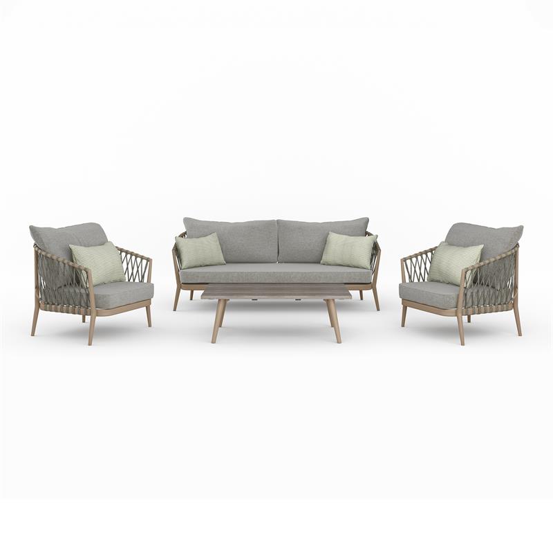 Belize Contemporary 4 Piece Outdoor Conversation Set in Gray Sand Drift Fabric