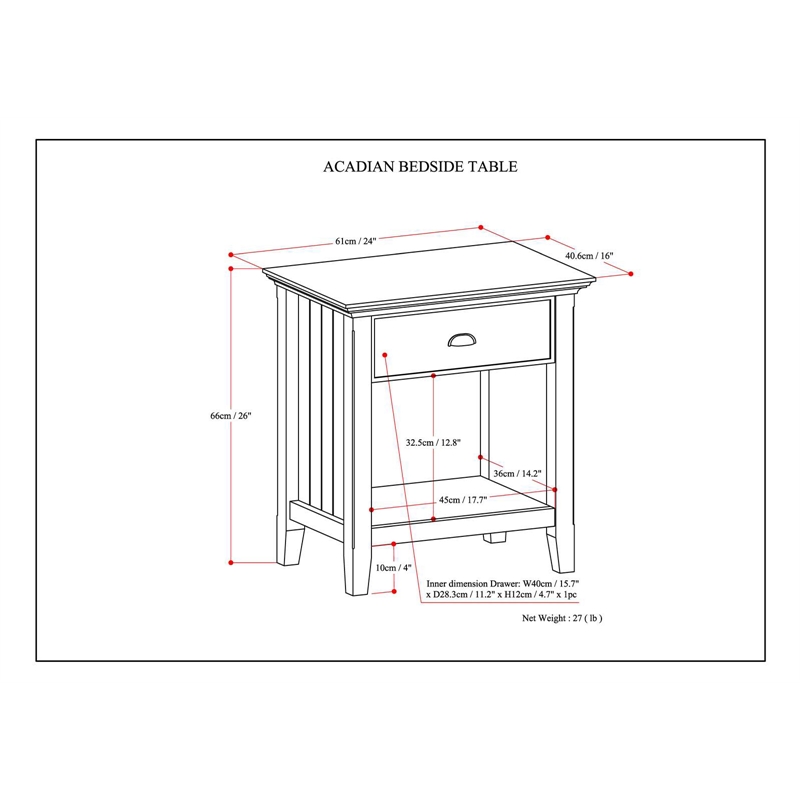 Acadian SOLID WOOD 24 inch Wide  Bedside Nightstand Table in Black