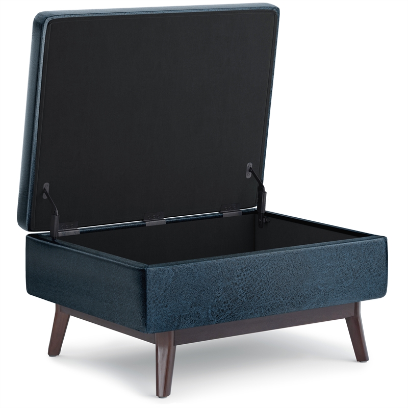 Simpli Home Owen Faux Leather Coffee Table with Storage in Distressed Dark Blue